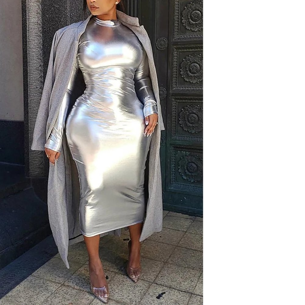 Xpluswear Plus Size Party Silver Chrome Reflective Mirror Bodycon Midi Dress L